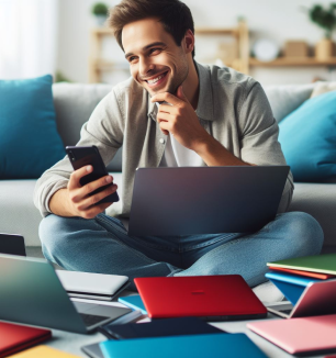 Man sitting on the couch, smiling while using his mobile phone, with a laptop opened in front of him on a coffee table